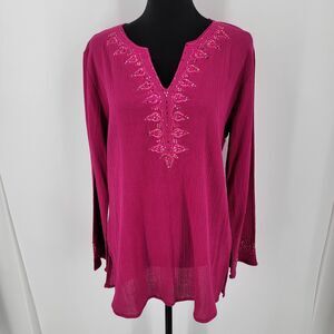Butik Yazma Blouse Women's XL Beaded Neckline Cuffs Pink Long Sleeve Tunic